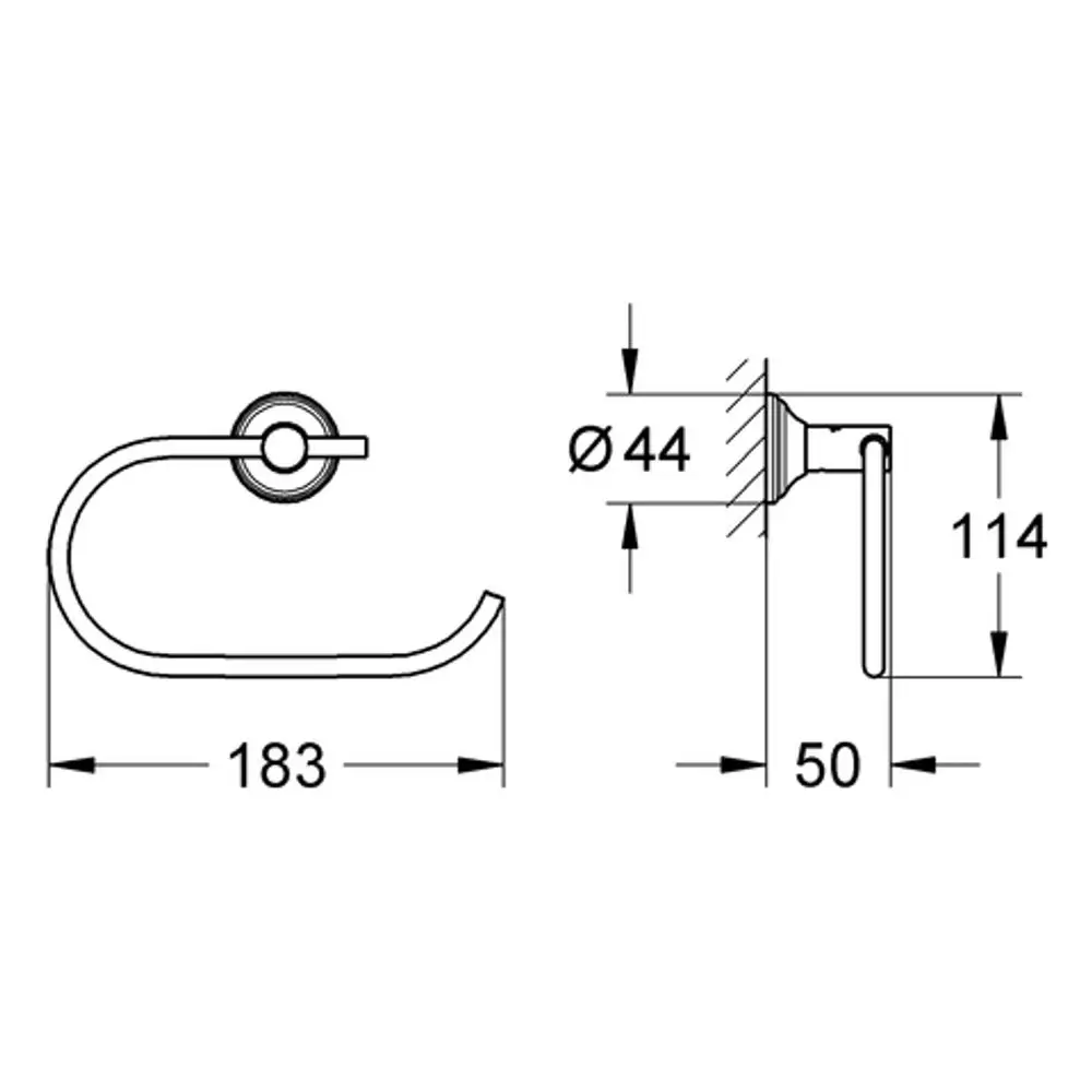 Grohe WC-Papierhalter in chromfarbener Ausführung, mit Halterung und auf einer Seite offenem Design zur einfachen Nutzung. Maße und Details sind dem Bild zu entnehmen.