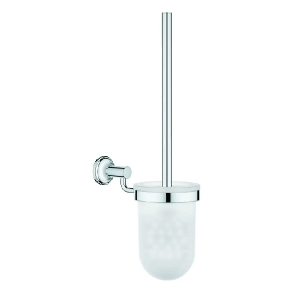 GROHE Toilettenbürstengarnitur mit chromfarbener Halterung und transparenter Bürstenbehälter, wandmontiert, für die Badezimmerausstattung.