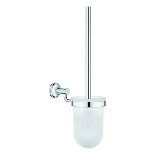 Wandmontierter Toilettenbürstenhalter mit Edelstahlgriff und frosted Glasbehälter, modern und elegant gestaltet.