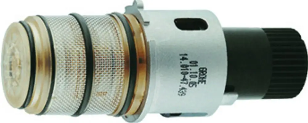 Thermostat-Kartusche von Grohe mit einem zylindrischen, metallischen Design und Gummidichtungen, geeignet für Thermostat-Anwendungen.