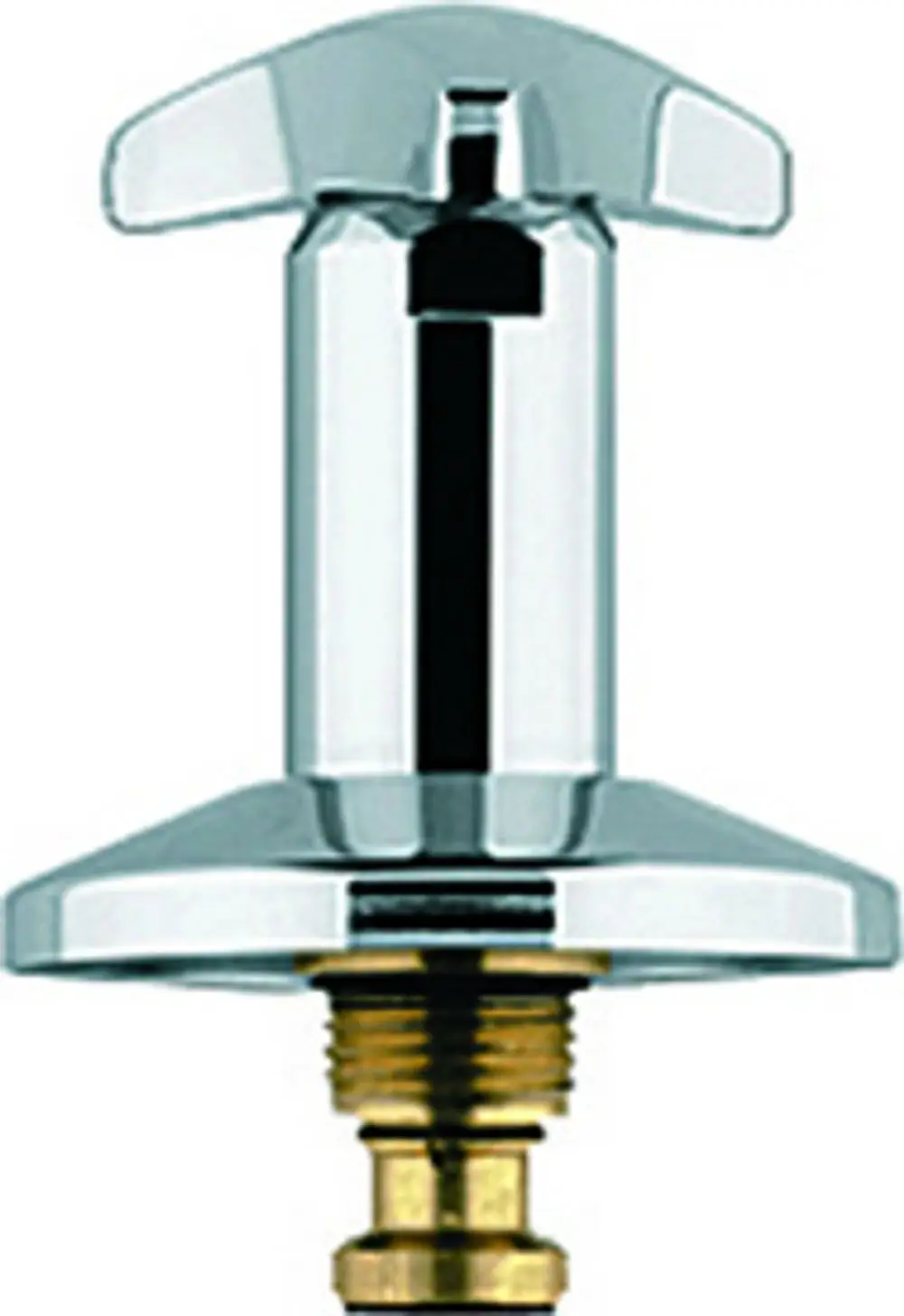 Glänzendes, chromfarbenes Ventiloberteil mit einer breiten Basis und einem doppelten Griff. Hergestellt von Grohe für UP-Ventile.