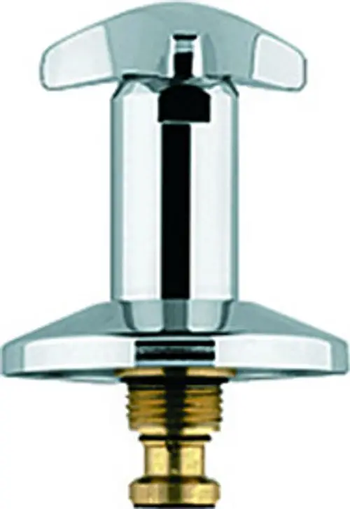 Glänzendes, chromfarbenes Ventiloberteil mit einer breiten Basis und einem doppelten Griff. Hergestellt von Grohe für UP-Ventile.