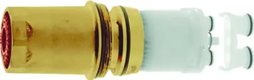 GROHE Kartusche in gold und weiß, bestehend aus einem zylindrischen Körper mit Dichtungen und einem Anschluss, geeignet für Selbstschluß-Batterien.