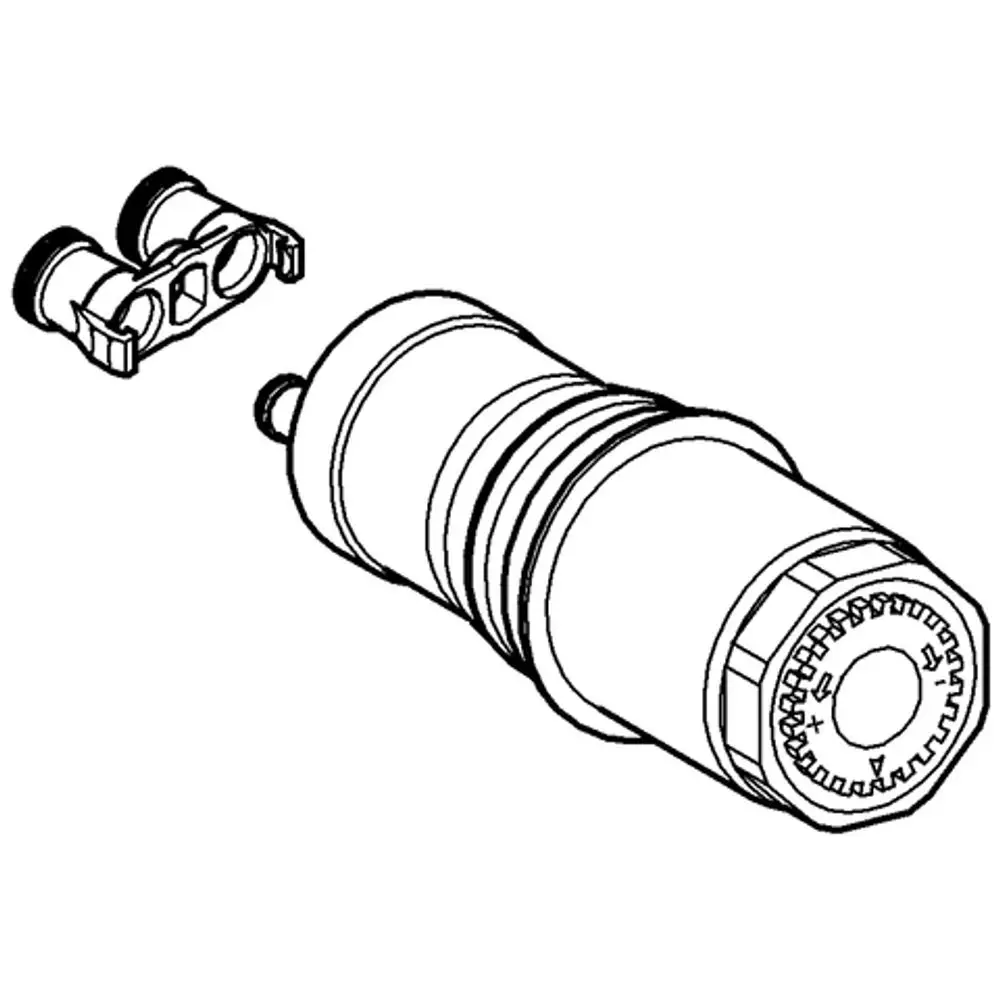 GROHE Kartusche in schematischer Darstellung, bestehend aus einem zylindrischen Teil und einem speziellen Anschluss.