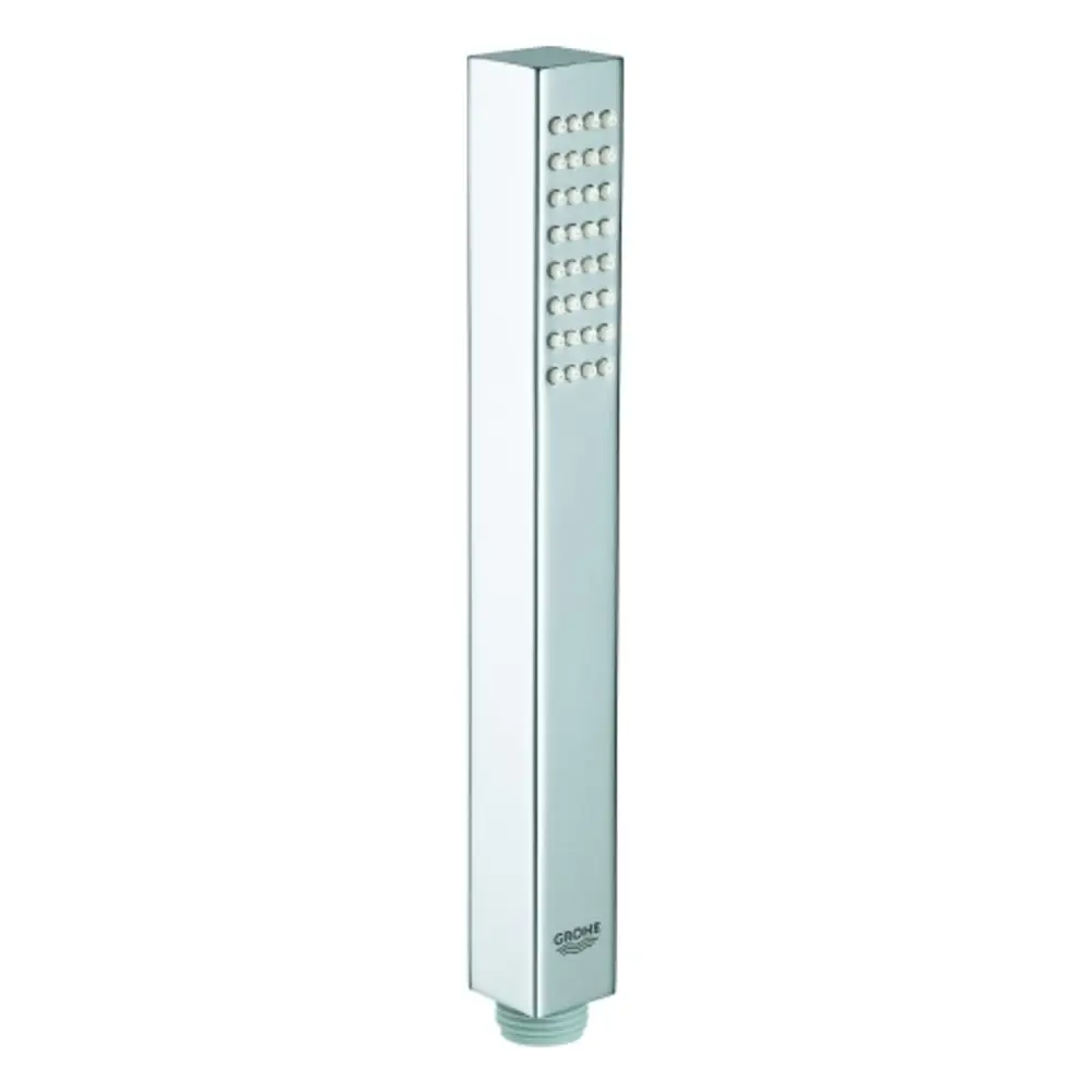 Verchromte Handbrause von Grohe mit rechteckigem Design und normalen Wasserstrahlöffnungen, montierbar auf gängigen Duscharmaturen.