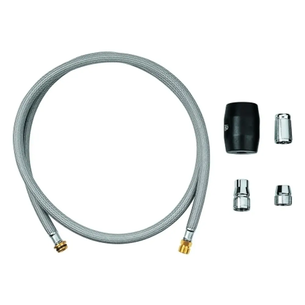 Brauseschlauch mit flexibler Umhüllung und verschiedenen Verbindungsstücken, geeignet für die Verwendung mit Grohe-Produkten.