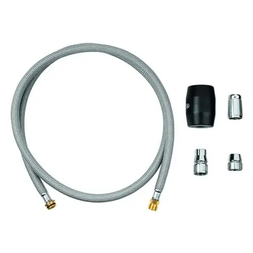Brauseschlauch mit flexibler Umhüllung und verschiedenen Verbindungsstücken, geeignet für die Verwendung mit Grohe-Produkten.