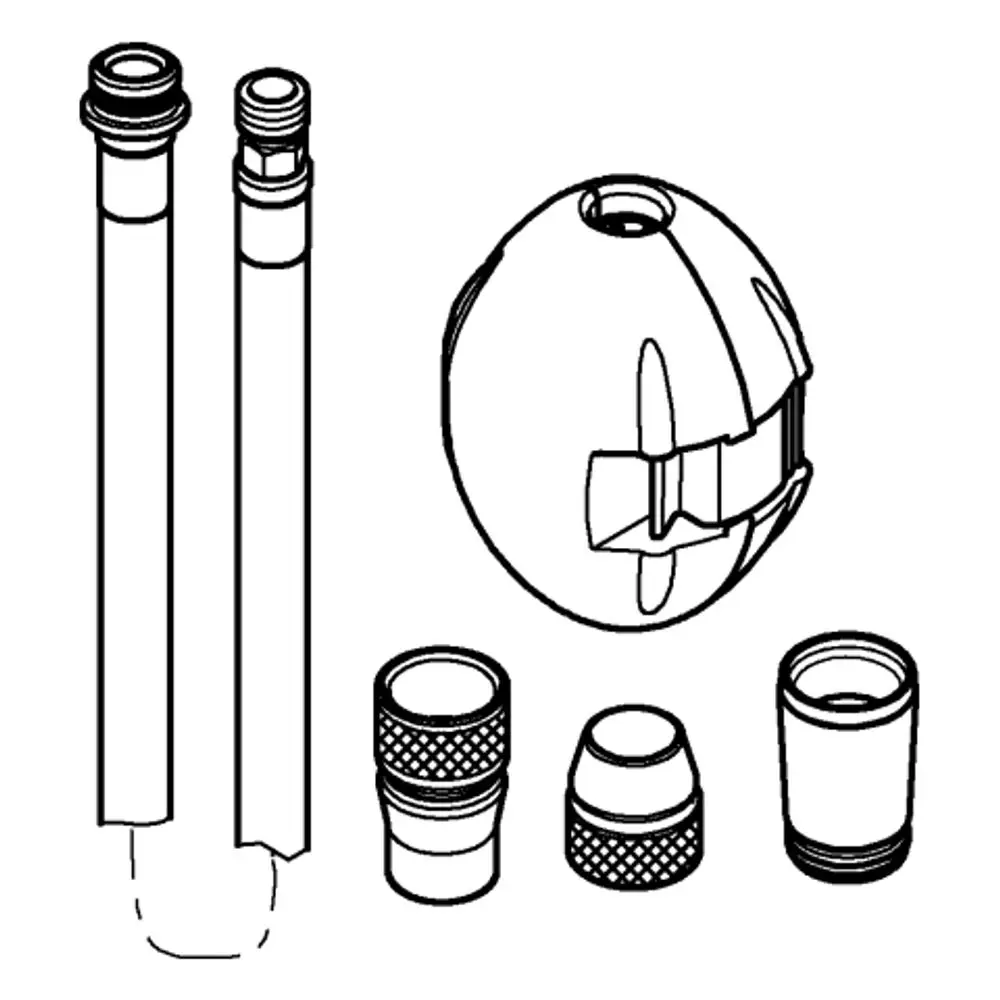 Grohe Brauseschlauch mit zwei Anschlussrohren und verschiedenen Verbindungsteilen, dargestellt in schematischer Ansicht.