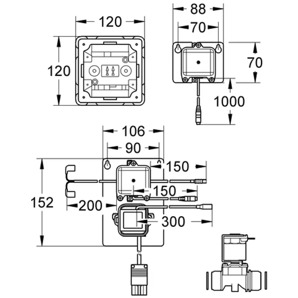 Technische Zeichnung eines Grohe Radar-Elektronikmoduls mit Abmessungen und Anschlüssen, geeignet für Urinal-Unterputz-Anlagen.
