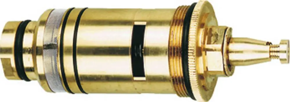 Thermoelement von Grohe, aus Messing, mit zwei Ringen, einer Schraube und einer Düse, für die Regulierung der Wassertemperatur in Sanitäranlagen.