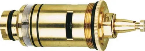 Thermoelement von Grohe, aus Messing, mit zwei Ringen, einer Schraube und einer Düse, für die Regulierung der Wassertemperatur in Sanitäranlagen.