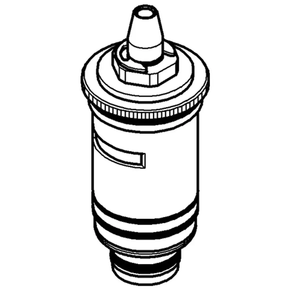 GROHE Thermoelement mit einem zylindrischen Gehäuse und einem Anschluss oben. Das Design ist funktional und dient der Temperaturregelung in einem Sanitärsystem.