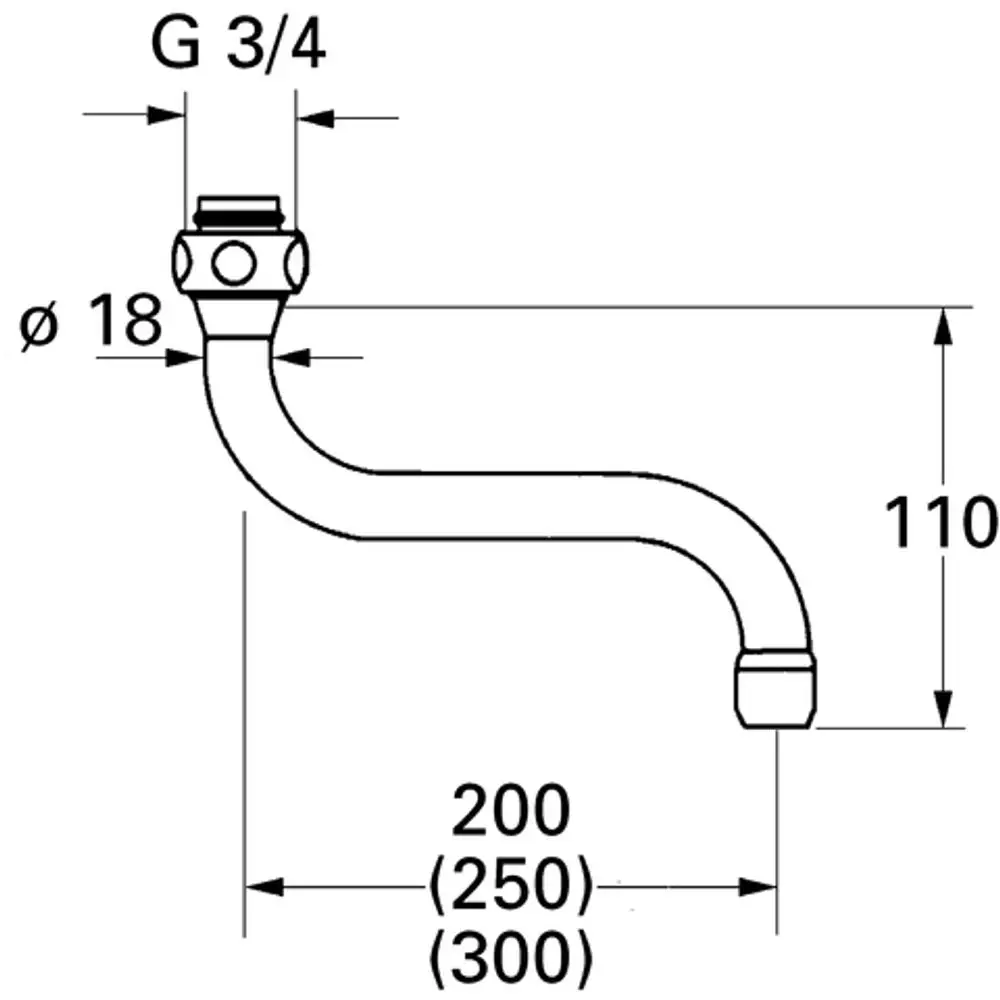 GROHE S-Auslauf mit einem gebogenen Rohr, einem Anschluss von G 3/4 oben und einem Durchmesser von 18 mm, geeignet für Sanitärinstallationen.