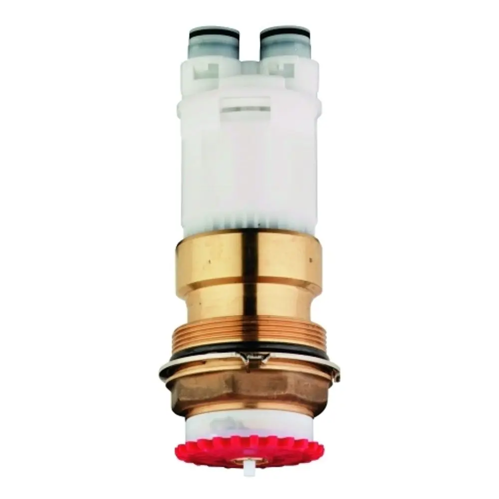 Grohe Kartusche in weiß und goldfarben mit zwei Anschlüssen oben und einem rot gefärbten Drehregler an der Basis.