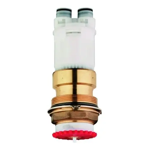 Grohe Kartusche in weiß und goldfarben mit zwei Anschlüssen oben und einem rot gefärbten Drehregler an der Basis.