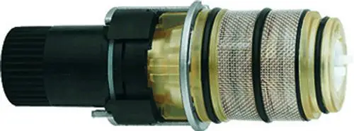 Grohe Thermostat-Kompaktkartusche mit transparentem Gehäuse und metallischen Komponenten, für die Regelung der Wassertemperatur in Sanitäranlagen.