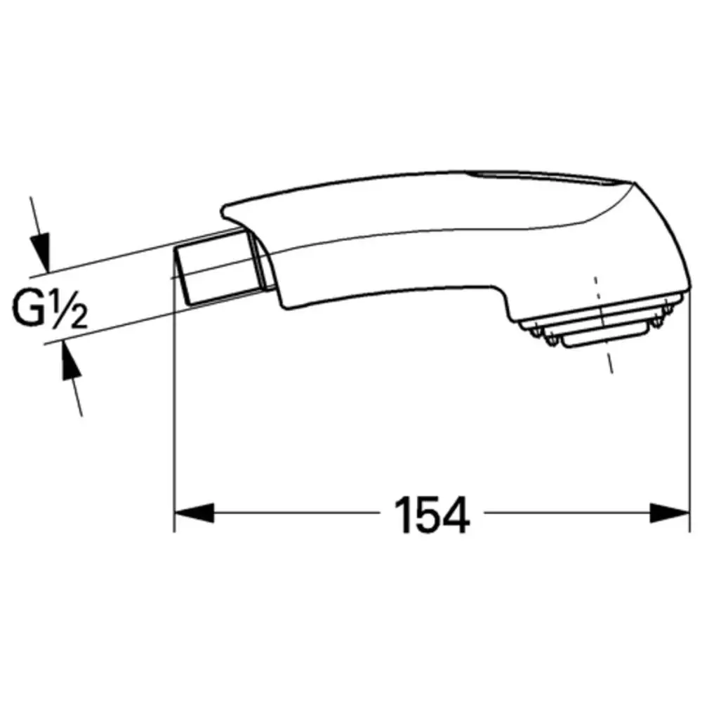 GROHE Spülbrause mit gewölbter Form und einteiliger Bauweise, dargestellt in einer technischen Zeichnung mit Maßen und Anschluss G½.