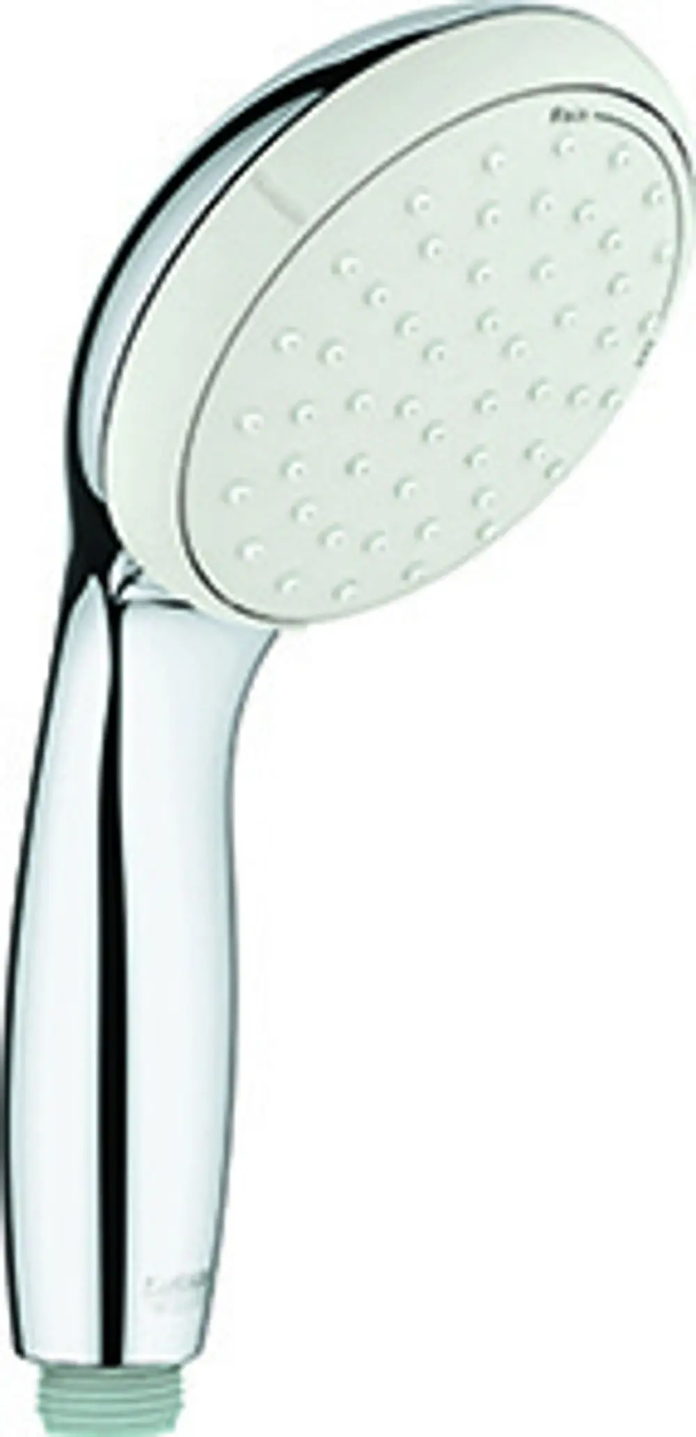 Handbrause mit verchromtem Griff und weißem Brausekopf von Grohe. Der Kopf hat mehrere Wasserstrahl-Einstellungen und ist für eine Wandmontage geeignet.