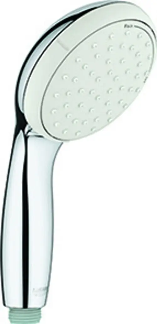 Handbrause mit verchromtem Griff und weißem Brausekopf von Grohe. Der Kopf hat mehrere Wasserstrahl-Einstellungen und ist für eine Wandmontage geeignet.