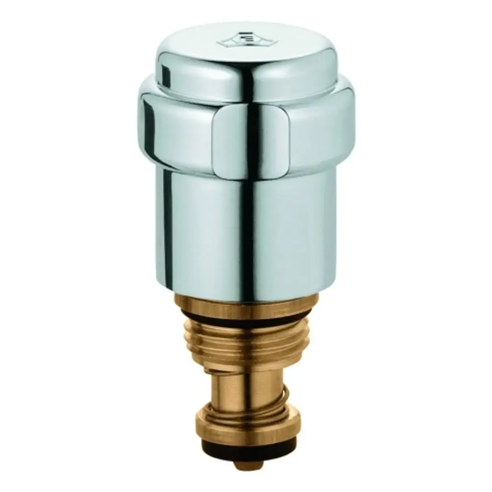 Grohe-Wasserhahn-Oberteil mit verchromter Oberfläche und Rückflussverhinderer, geeignet für DN15-Anwendungen, mit einem starren aus Metall gefertigten Griff.
