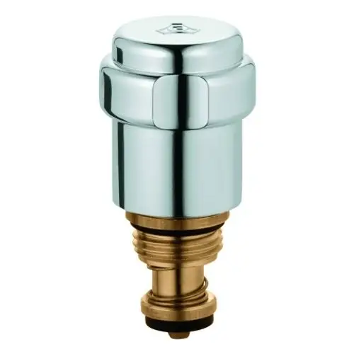 Grohe-Wasserhahn-Oberteil mit verchromter Oberfläche und Rückflussverhinderer, geeignet für DN15-Anwendungen, mit einem starren aus Metall gefertigten Griff.