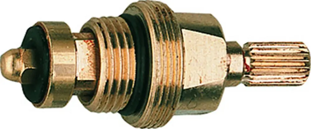 Grohe-Detailansicht eines metallischen Ventils mit Gewinde und einer einstellbaren Spitze, erkennbar durch eine schwarze Dichtung und eine gezahnte Oberfläche.