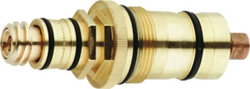 Thermoelement von Grohe mit zentraler Spindel und mehreren Ringen. Das Produkt hat eine metallische Oberfläche und ist für Sanitärinstallationen geeignet.