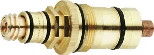 Thermoelement von Grohe mit zentraler Spindel und mehreren Ringen. Das Produkt hat eine metallische Oberfläche und ist für Sanitärinstallationen geeignet.