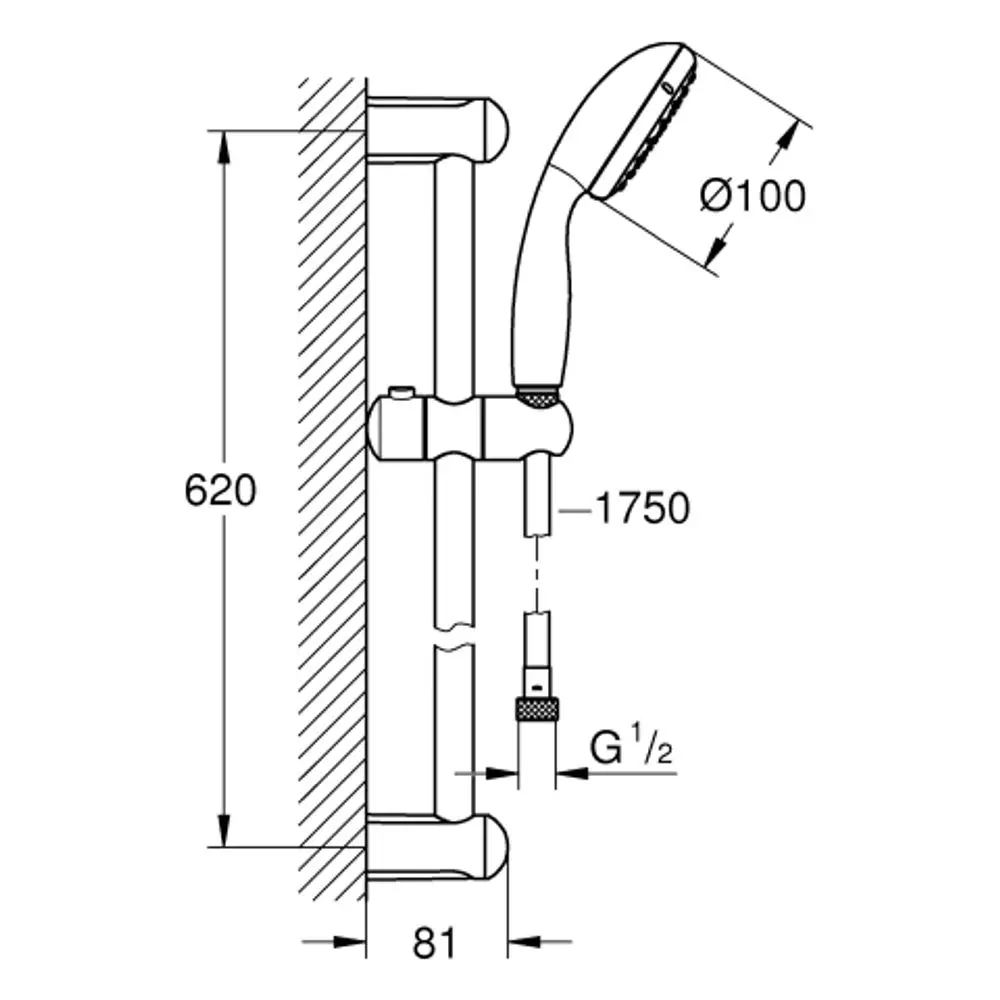 Brausegarnitur mit Handbrause und Wandhalterung von Grohe. Abmessungen und Anschlüsse sind in der technischen Zeichnung dargestellt.