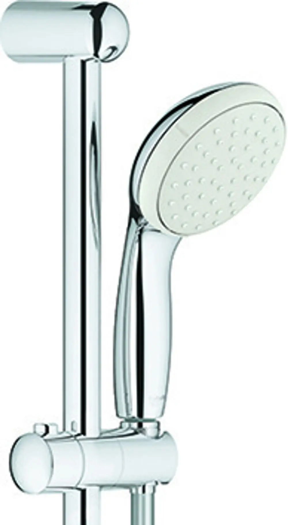 Handbrause und Halterung in glänzendem Chrom, hergestellt von Grohe. Die Brause hat eine runde Form und punktuelle Gummidüsen für die Wasserverteilung. Montagehalterung ist ebenfalls sichtbar.