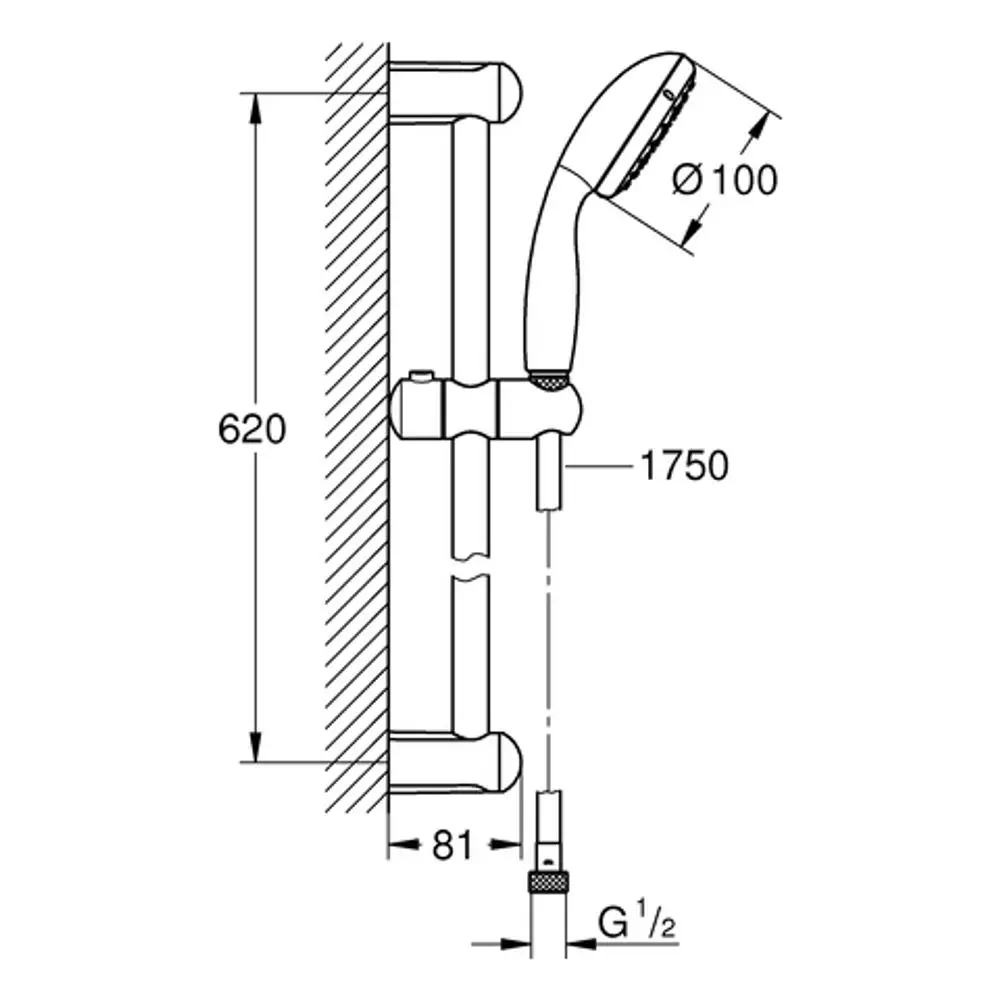 Grohe Brausegarnitur mit Handbrause und Wandhalterung, versehen mit einer verchromten Oberfläche. Anordnung und Maße sind schematisch dargestellt.