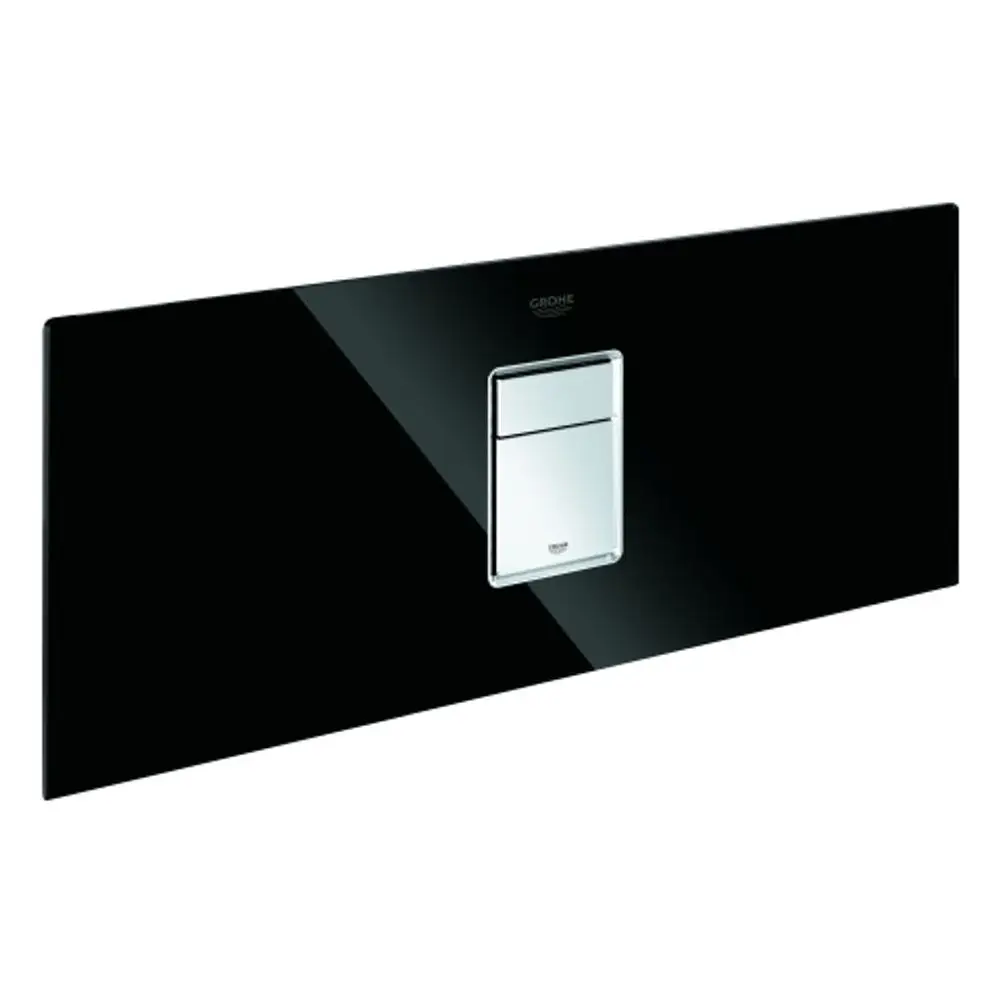 Schwarze Abdeckplatte mit Drucktaste von Grohe für ein Rapid SL Glasmodul, flache Oberfläche mit metallic Akzenten.