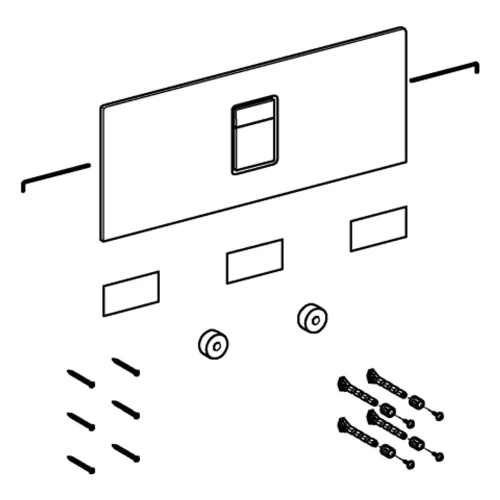 GROHE Abdeckplatte mit zentraler Drucktaste, umgeben von Montageelementen, darunter Schrauben und Unterlegscheiben zur Befestigung. Minimalistisches Design in einer schematischen Darstellung.