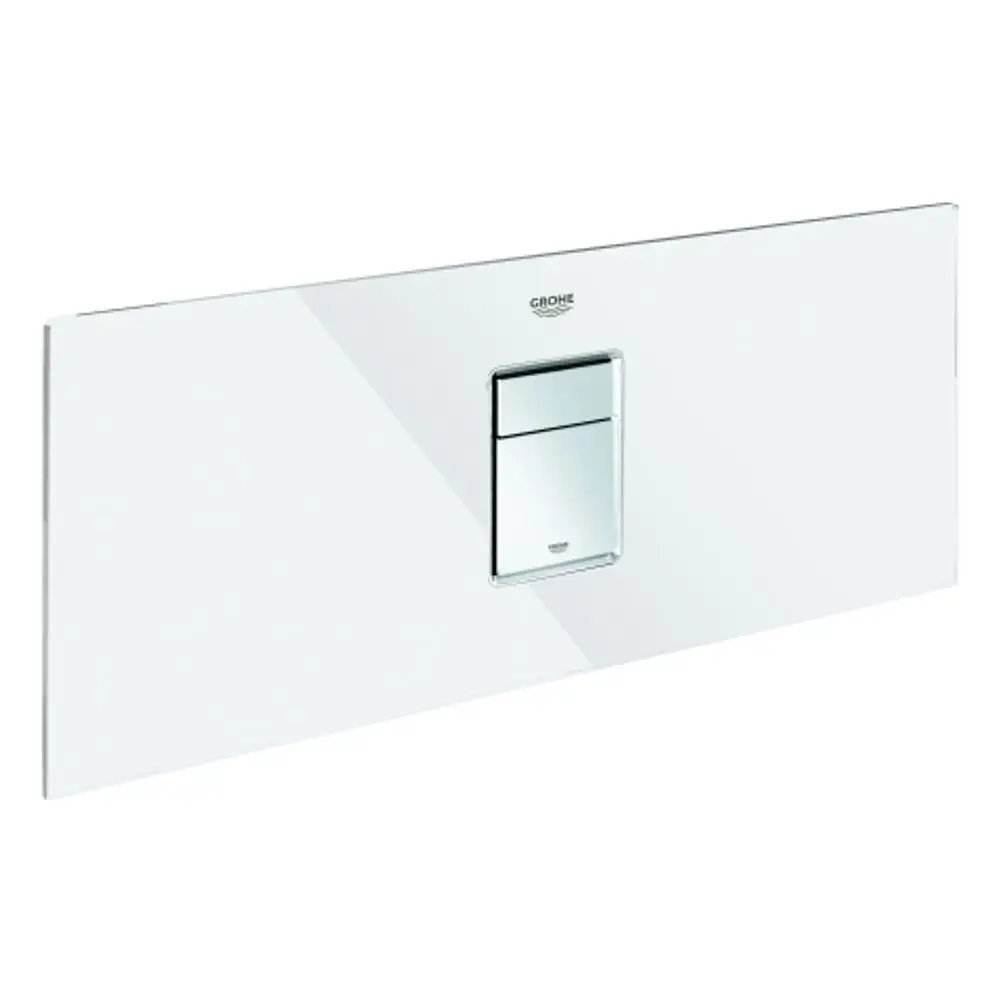Weißes Betätigungsfeld mit zwei Drucktasten von Grohe, für die Installation in Badezimmern oder Toiletten geeignet. Schlichtes Design, das in verschiedene Raumgestaltungen passt.