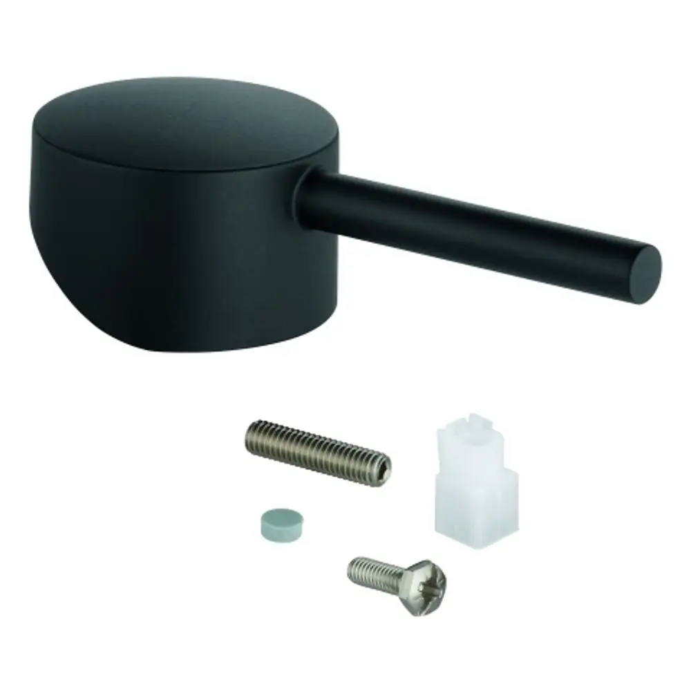 Grohe Hebel in Schwarz mit anliegendem Stab, begleitet von mehreren Schrauben und einer kleinen Kunststoffkomponente.