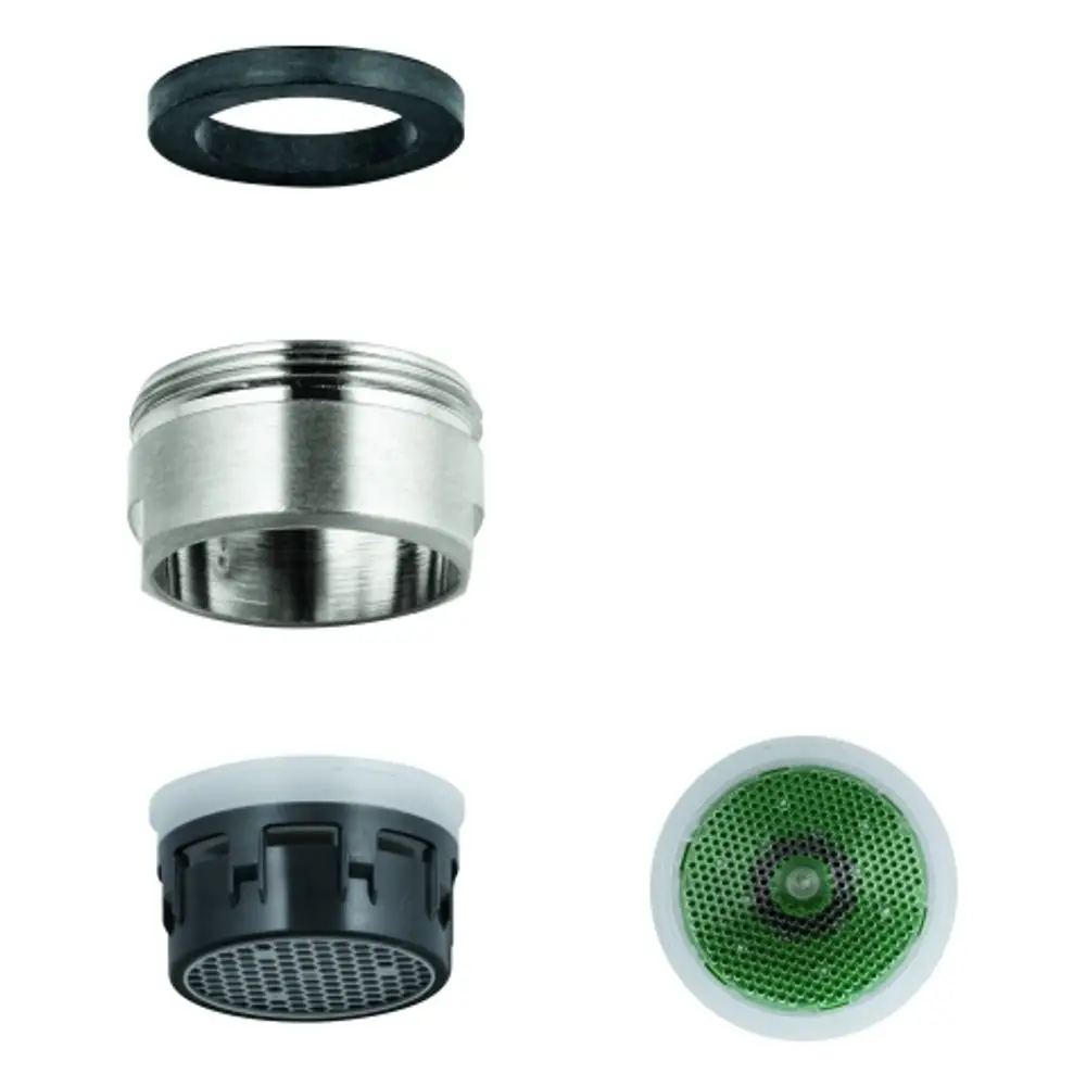 GROHE Strahlregler in vier Komponenten: ein schwarzes Dichtungsring, ein silberner Gewindeteil, ein schwarzer Einsatz und ein runder Filter mit grüner Netzoberfläche.