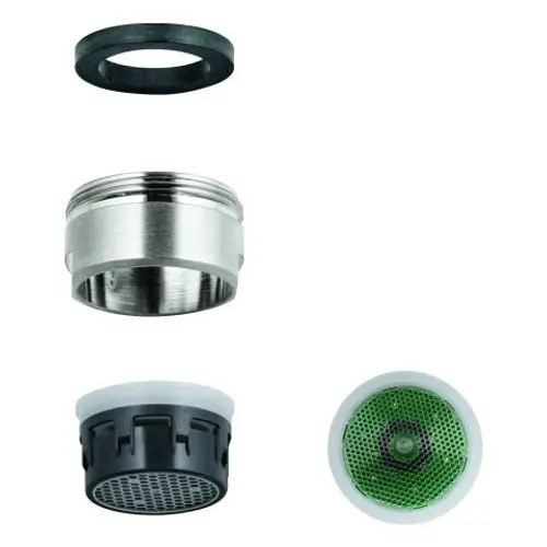 GROHE Strahlregler in vier Komponenten: ein schwarzes Dichtungsring, ein silberner Gewindeteil, ein schwarzer Einsatz und ein runder Filter mit grüner Netzoberfläche.