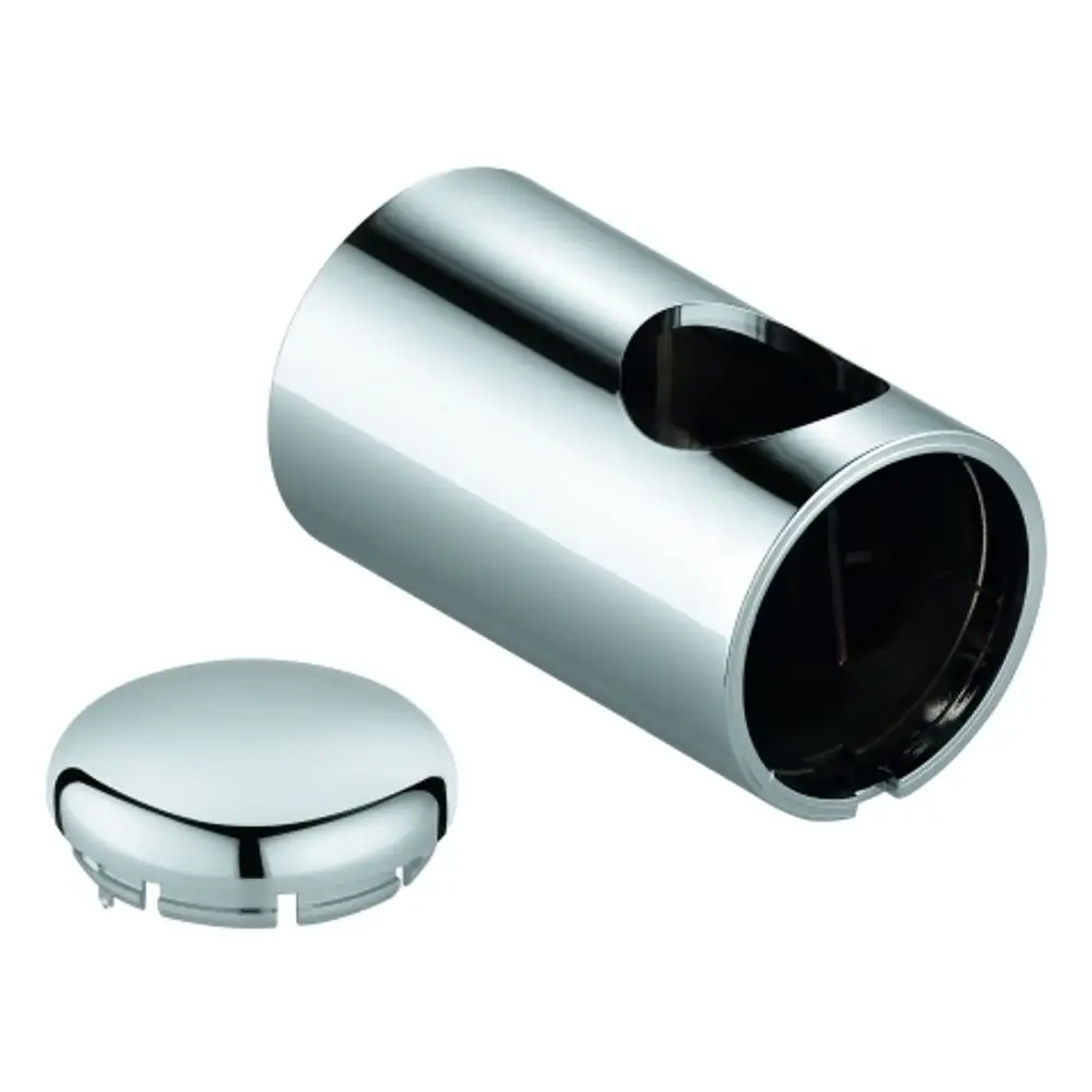 Helles, glänzendes Halterungsteil aus Metall von Grohe, bestehend aus einem zylindrischen Körper und einem runden, abnehmbaren Deckel.