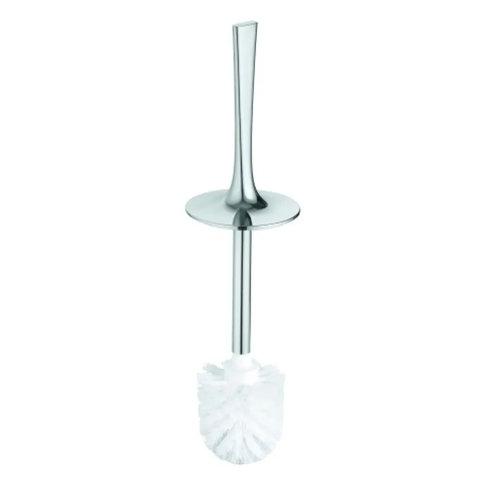 Chromfarbene WC-Bürste mit einem weißen Bürstenkopf, auf einem stabilen Standfuß, hergestellt von Grohe.