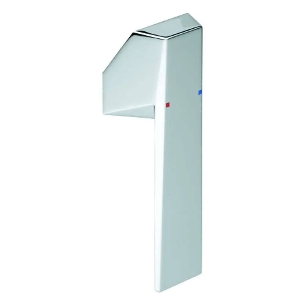 Weißer Grohe Wasserhahnhebel mit eleganter Form, ausgestattet mit blauen und roten Markierungen für kaltes und heißes Wasser.