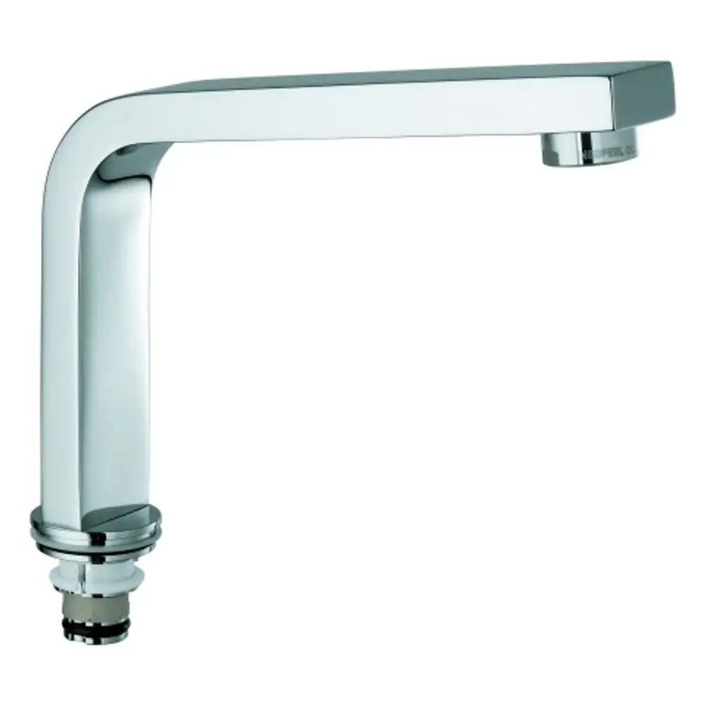 Chromfarbener Wasserhahn von Grohe mit quadratischem Auslauf und Anschluss unten. Eignet sich für verschiedene Wasserinstallationen.