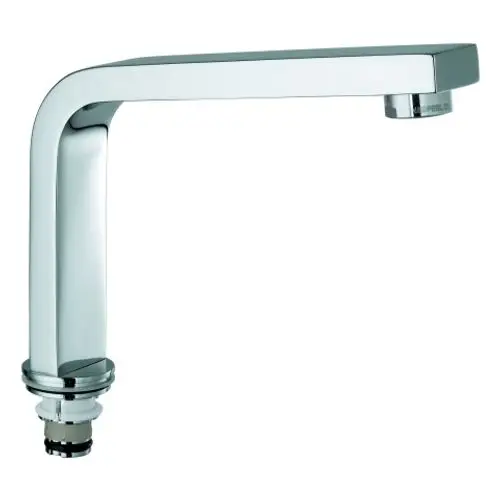 Chromfarbener Wasserhahn von Grohe mit quadratischem Auslauf und Anschluss unten. Eignet sich für verschiedene Wasserinstallationen.