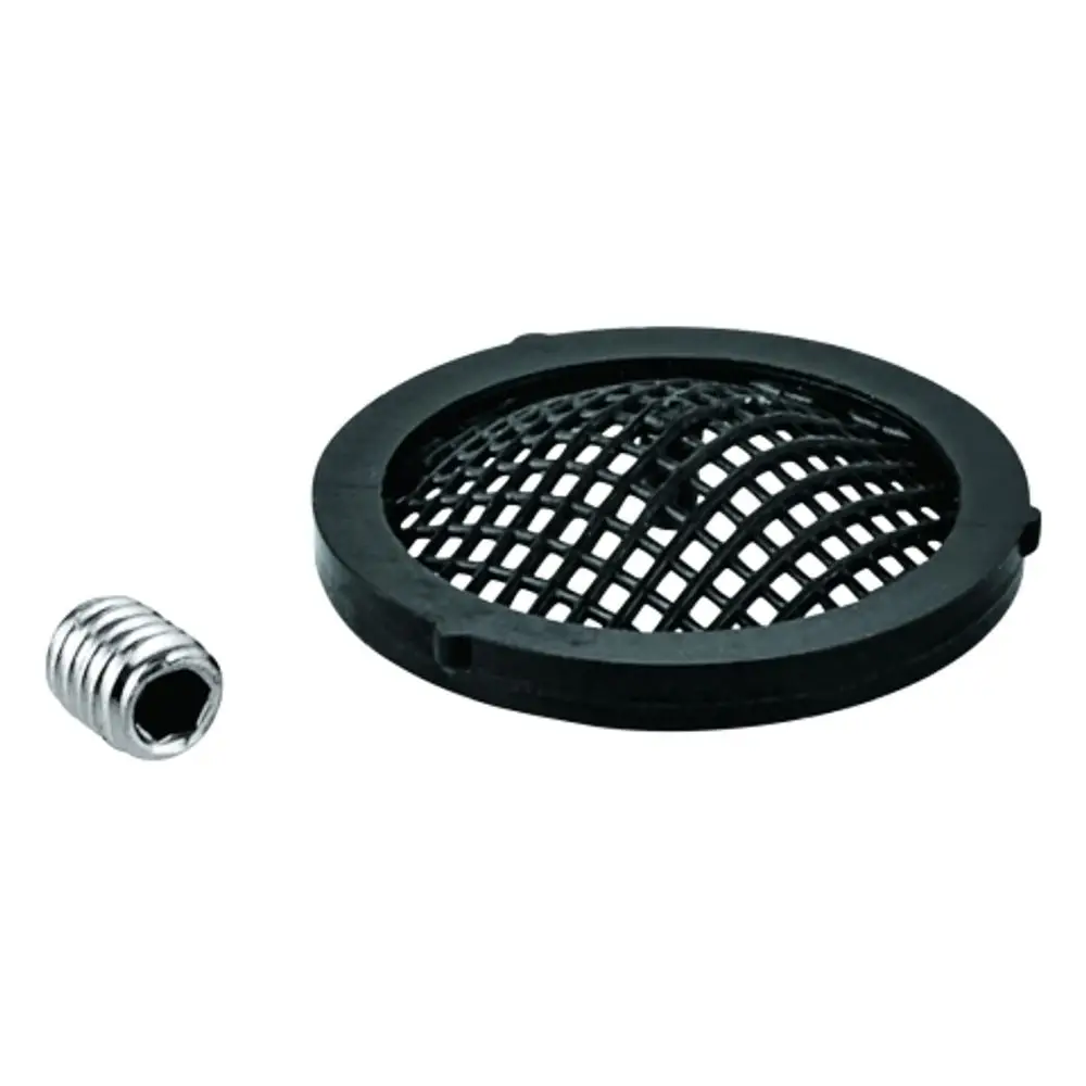 GROHE Zubehörteil bestehend aus einem runden, gelochten Sieb aus schwarzem Kunststoff und einem metallischen Gewindestift, beide zur Verwendung in Sanitärinstallationen.
