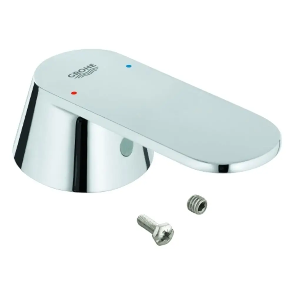 Hebel von Grohe in verchromtem Design mit blauen und roten Markierungen für warmes und kaltes Wasser, inklusive zwei Schrauben zur Befestigung.