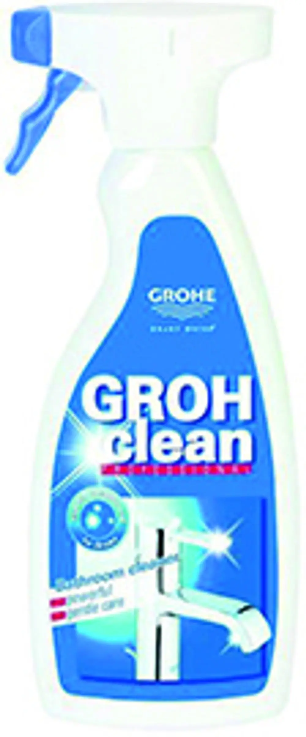 Reinigungsspray mit Sprühkopf in einer weißen und blauen Flasche, gekennzeichnet mit der Marke Grohe, zur Anwendung im Badezimmer.