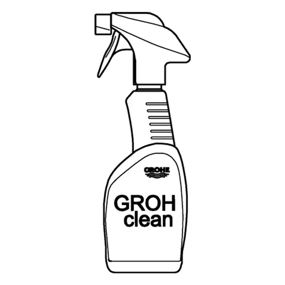 Sprühflasche mit Grohe-Branding und der Aufschrift "GROH clean" auf einem weißen Hintergrund.