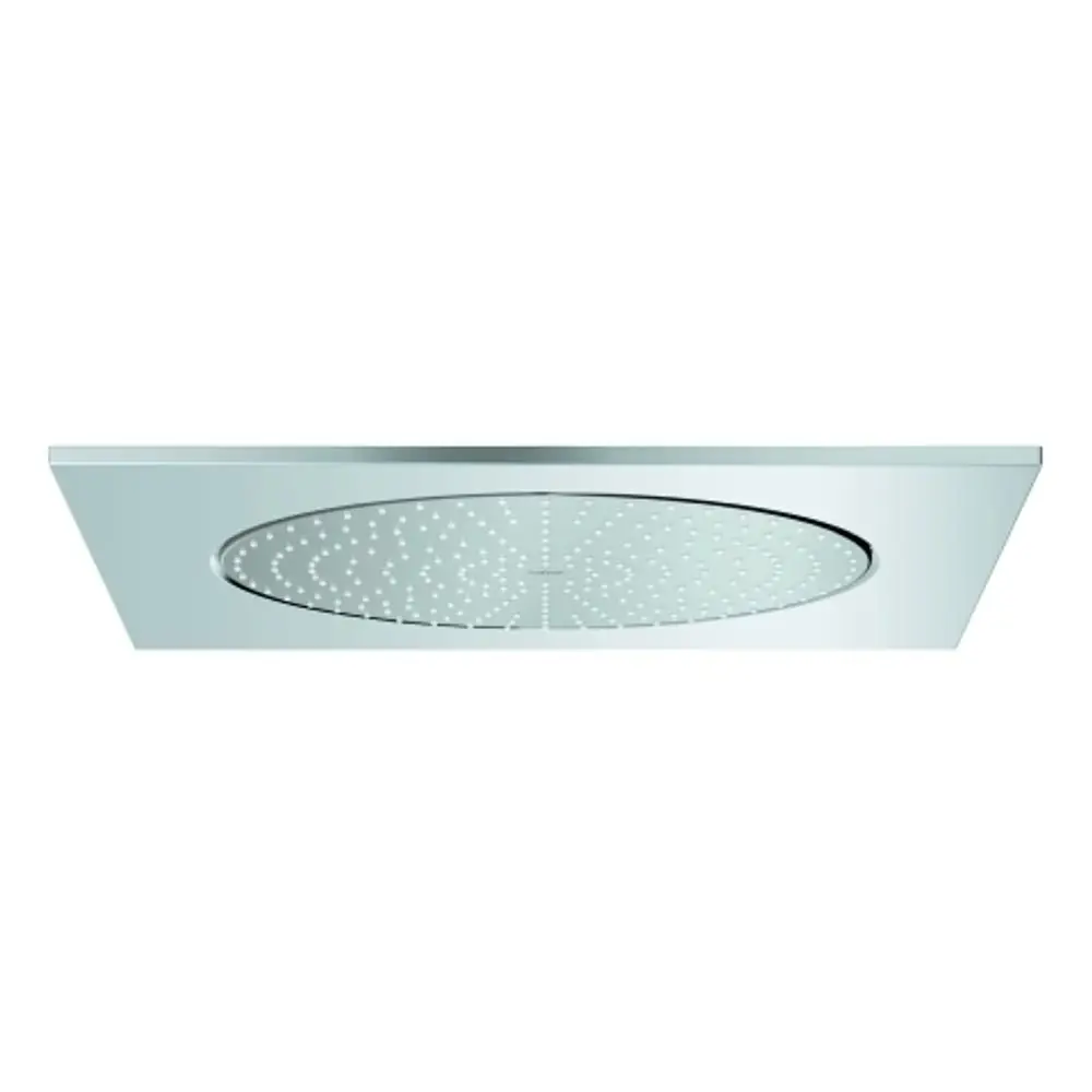 Grohe Deckenbrause mit flachem verchromtem Design und ovaler Düsenausführung, montiert an der Decke, zur gleichmäßigen Wasserverteilung geeignet.