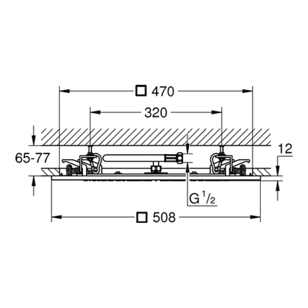 Grohe Deckenbrause mit spezifischen Abmessungen. Technische Zeichnung zeigt Montageposition und Anschlussdetails für die Installation.