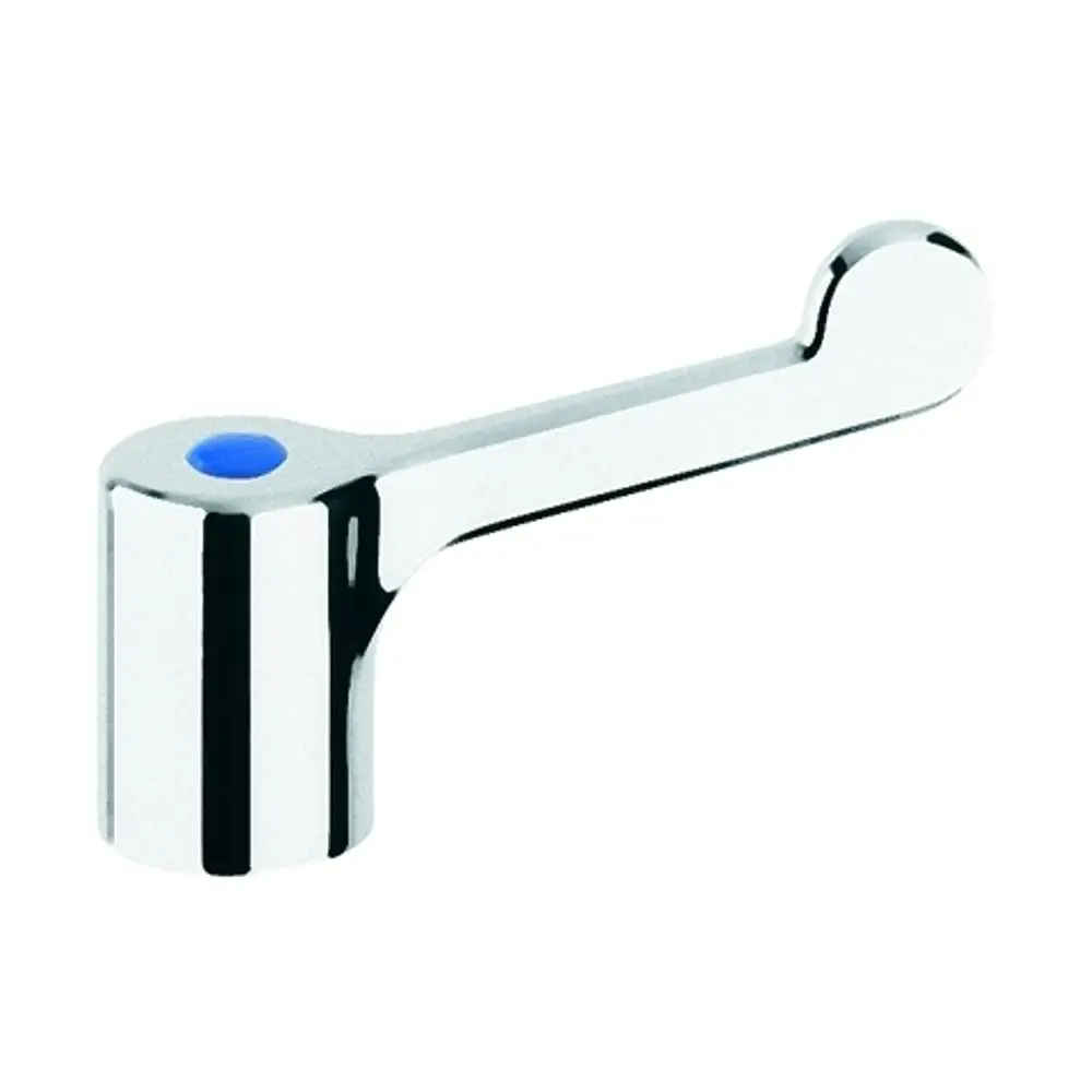 Grohe Hebel in verchromter Ausführung mit blauen und roten Markierungen für Warm- und Kaltwasser. Der Hebel hat eine ergonomische Form und eine glänzende Oberfläche.