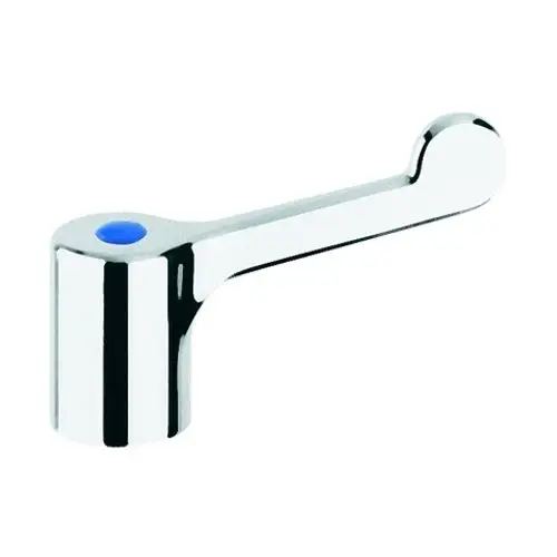 Grohe Hebel in verchromter Ausführung mit blauen und roten Markierungen für Warm- und Kaltwasser. Der Hebel hat eine ergonomische Form und eine glänzende Oberfläche.